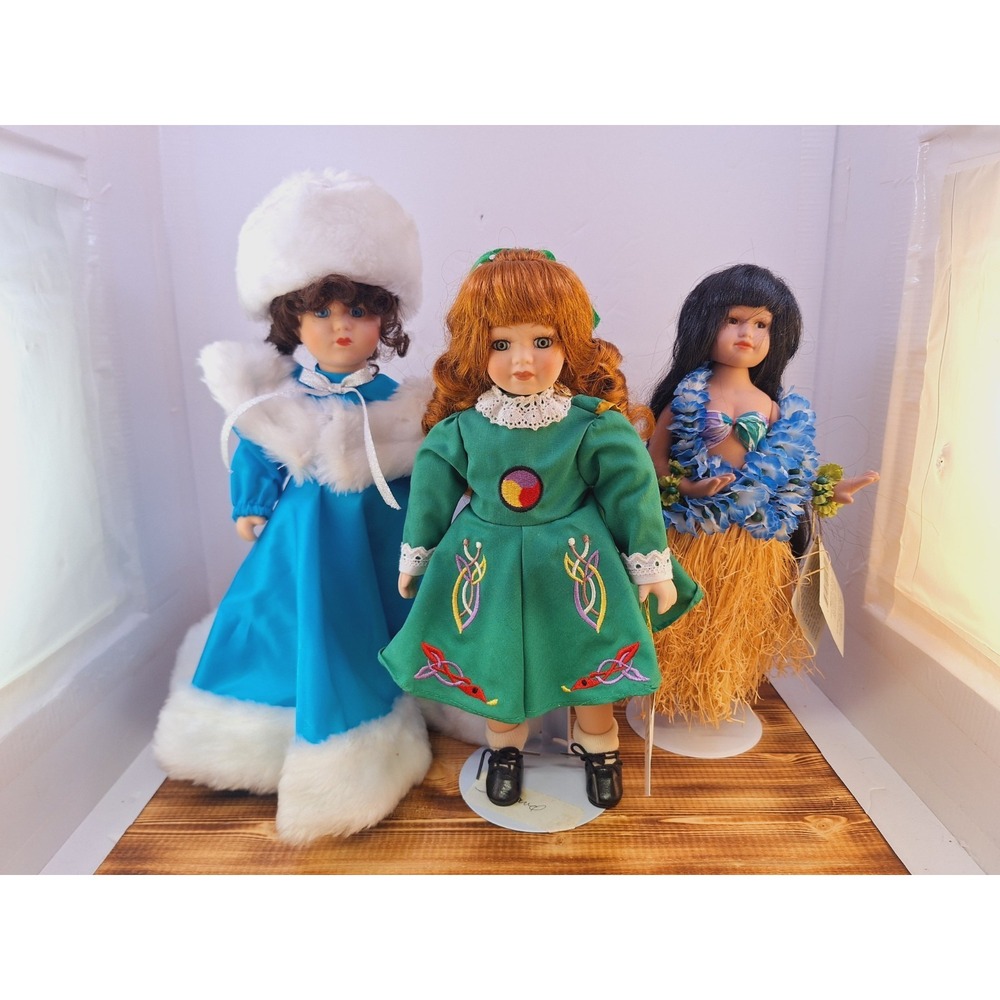 Vintage Porcelain Doll Lot X3 W/ Stands Hawaii Ireland Russian Around World 12"